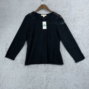 NEW Michael Kors Womens L Crewneck Lace Long sleeve Knit Top Black